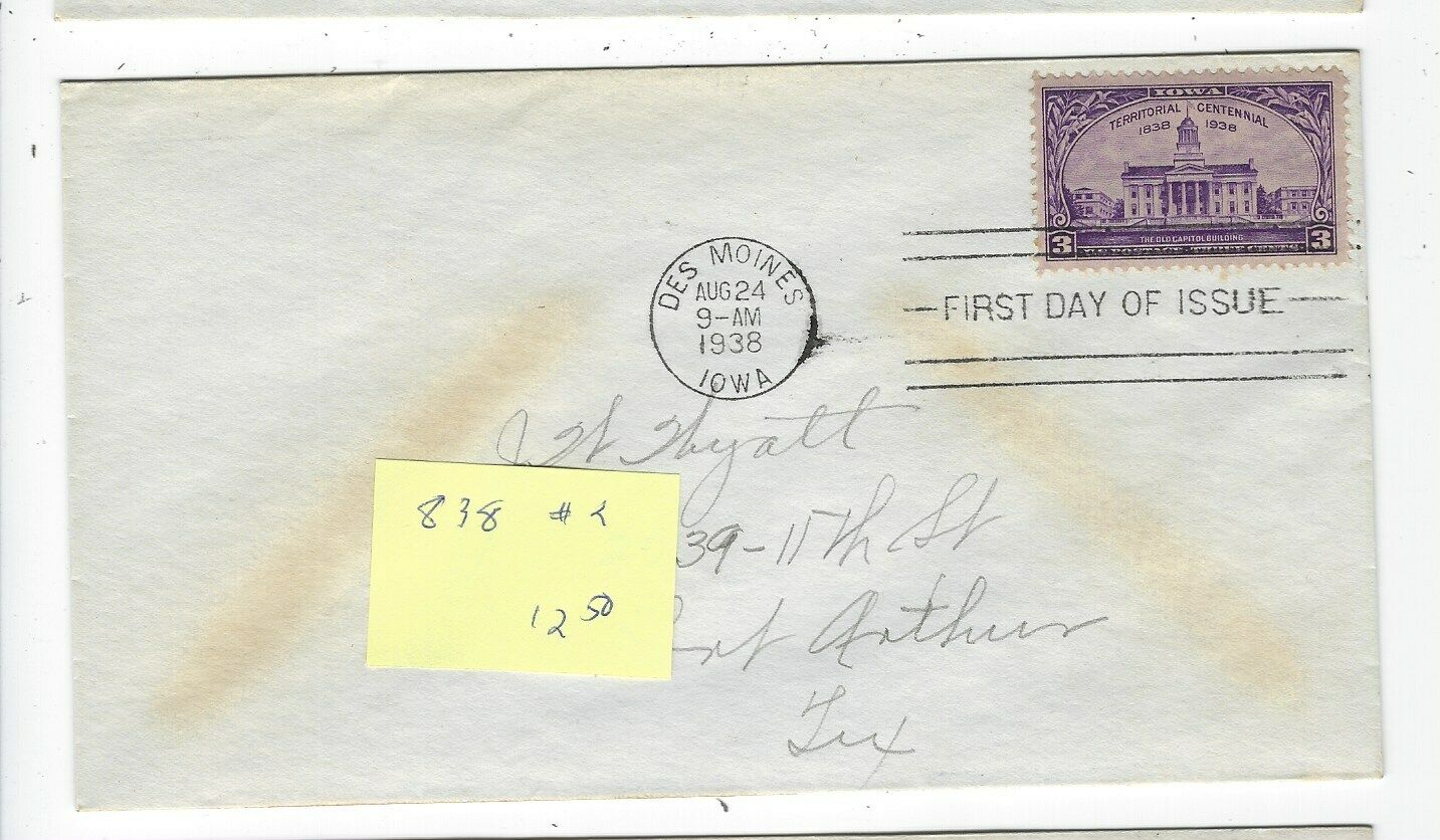#838 Fdc (#2)...1938 Iowa...8/24/38...no Cachet...scv $12.50