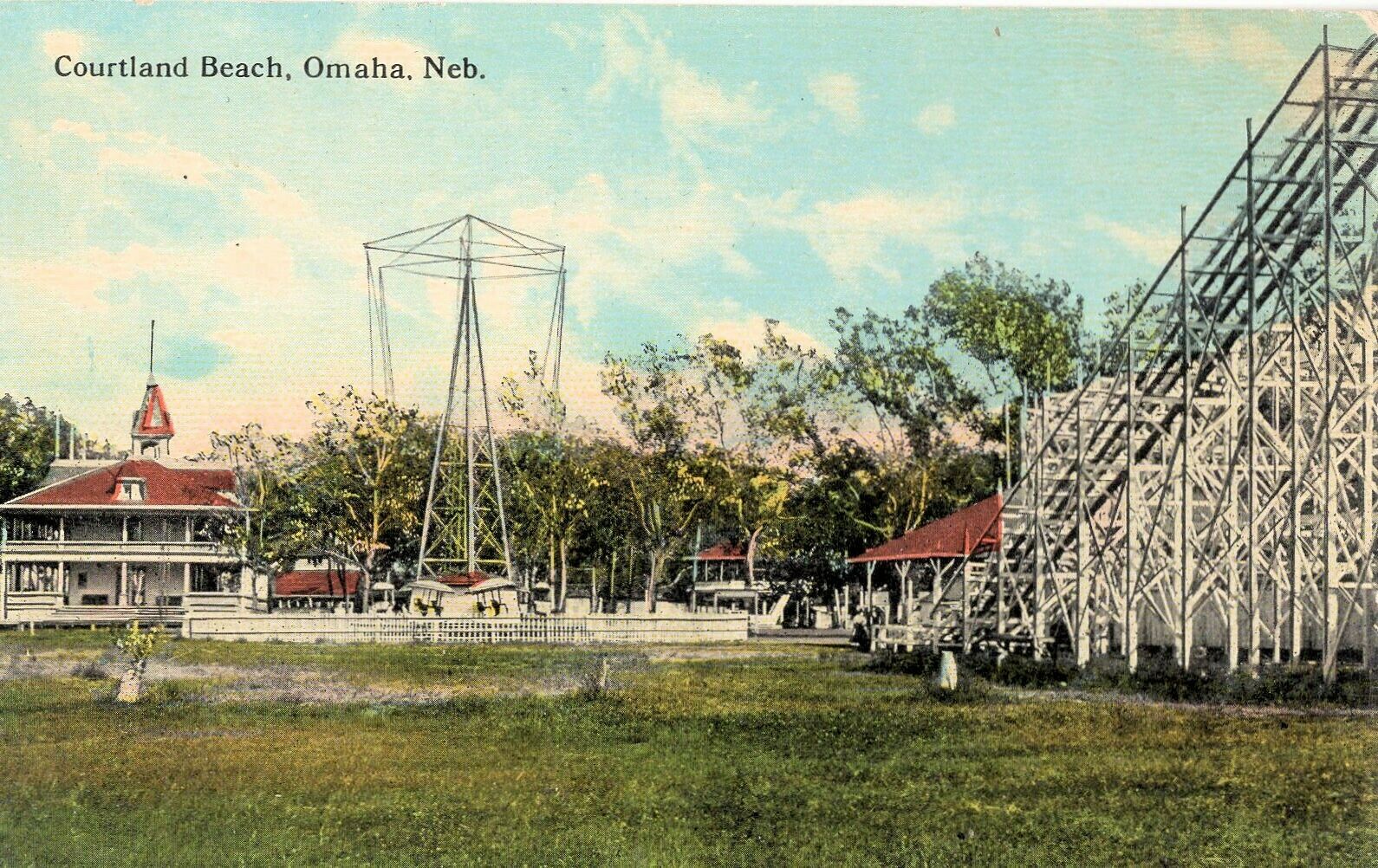 C1910 Courtland Beach Amusement Park, Omaha, Nebraska Hand Color Postcard