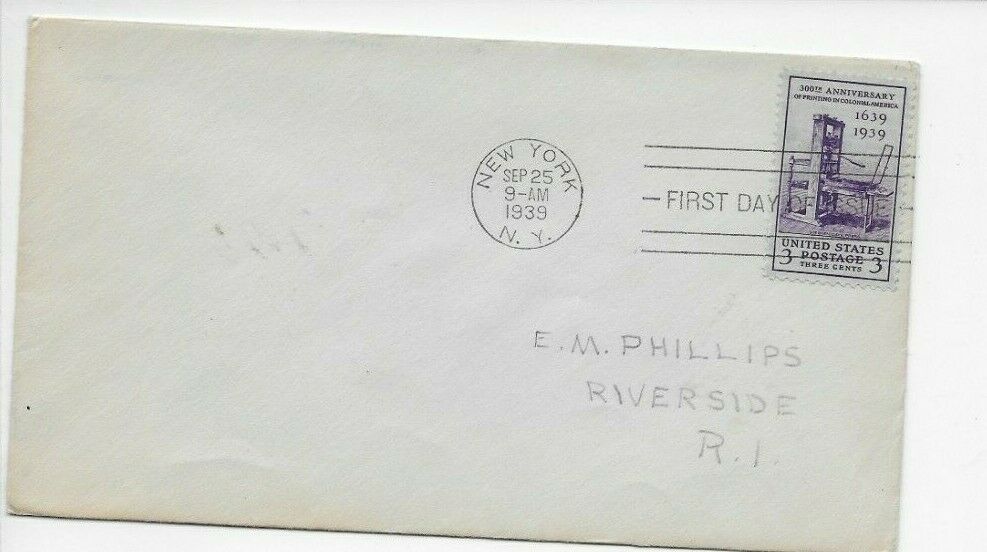 First Day Cover  Sept 52  1939  Printing Press  Free Usa Shipping  1 Stamp