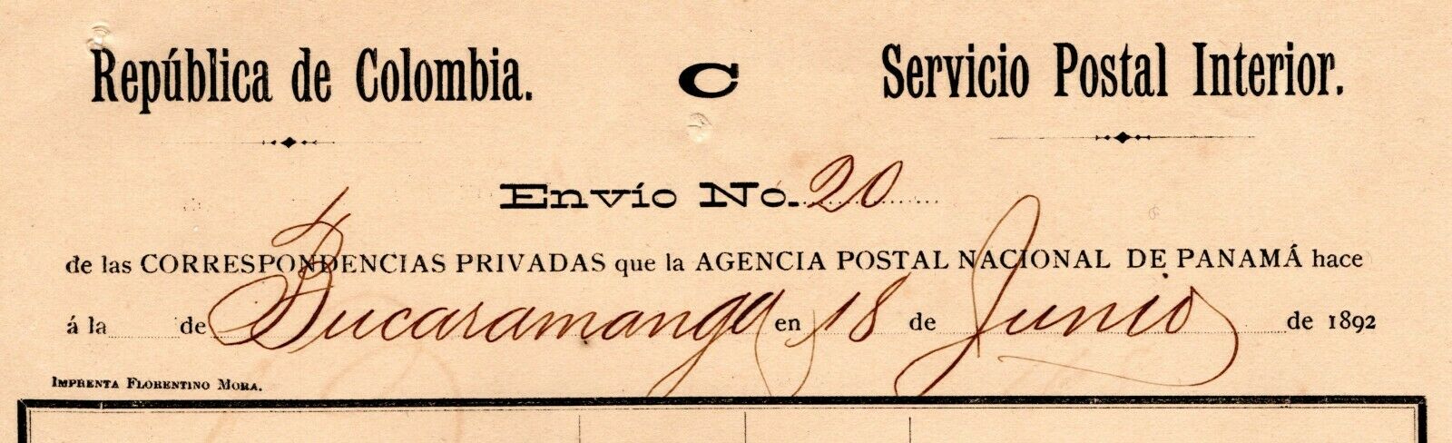 Panama - Colombia - Postal Invoice 2 - Panama City  To B/manga - 1892 Rrrr