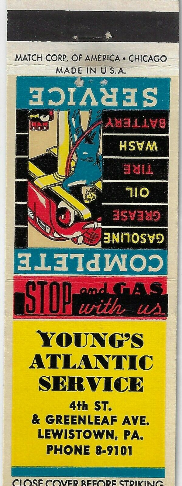 Front Strike Matchcover Young's Atlantic Service Lewistown Pa. Oil Gas