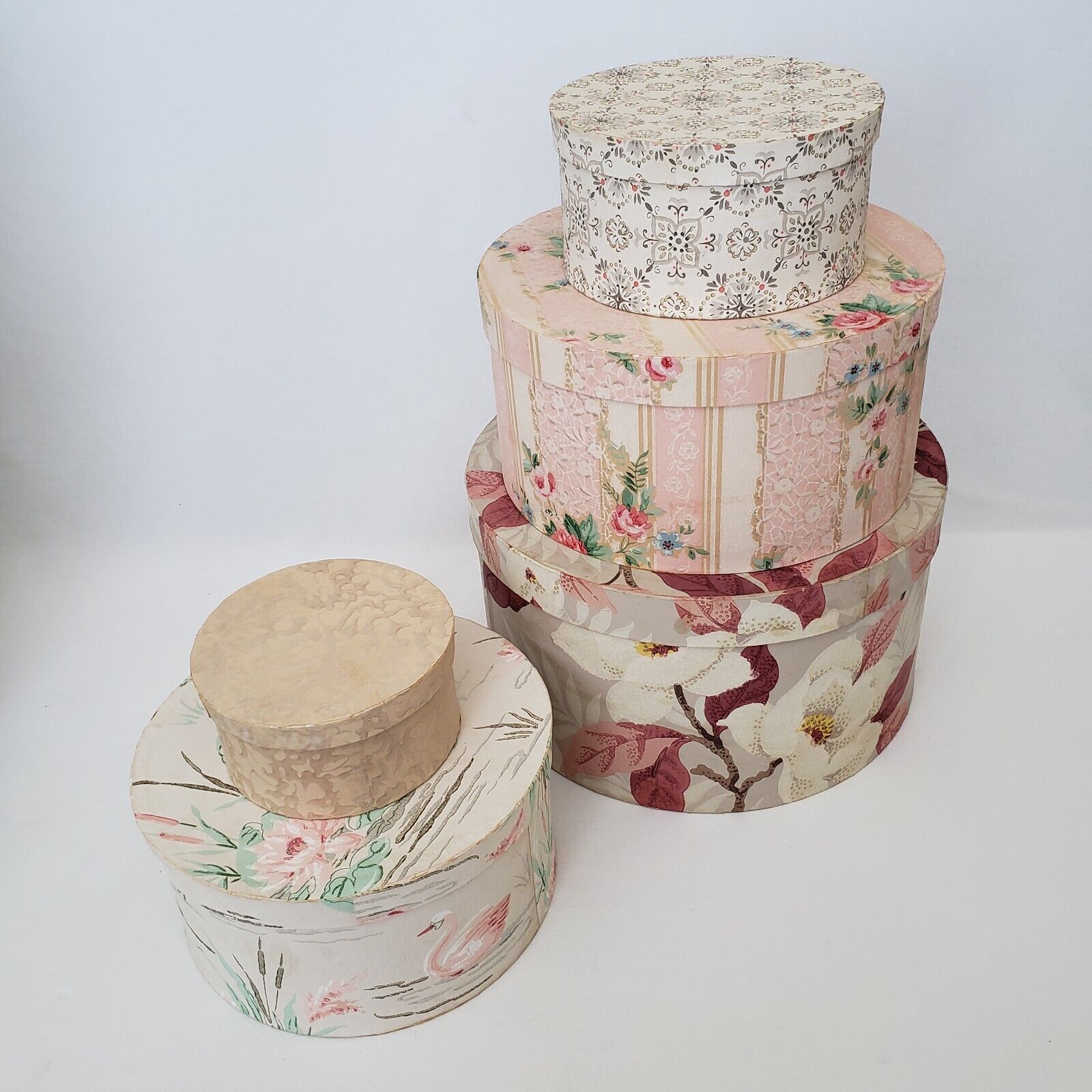 Vintage Wallpapers Paper Mache Hat Band Boxes Set Of 5 Lot 1