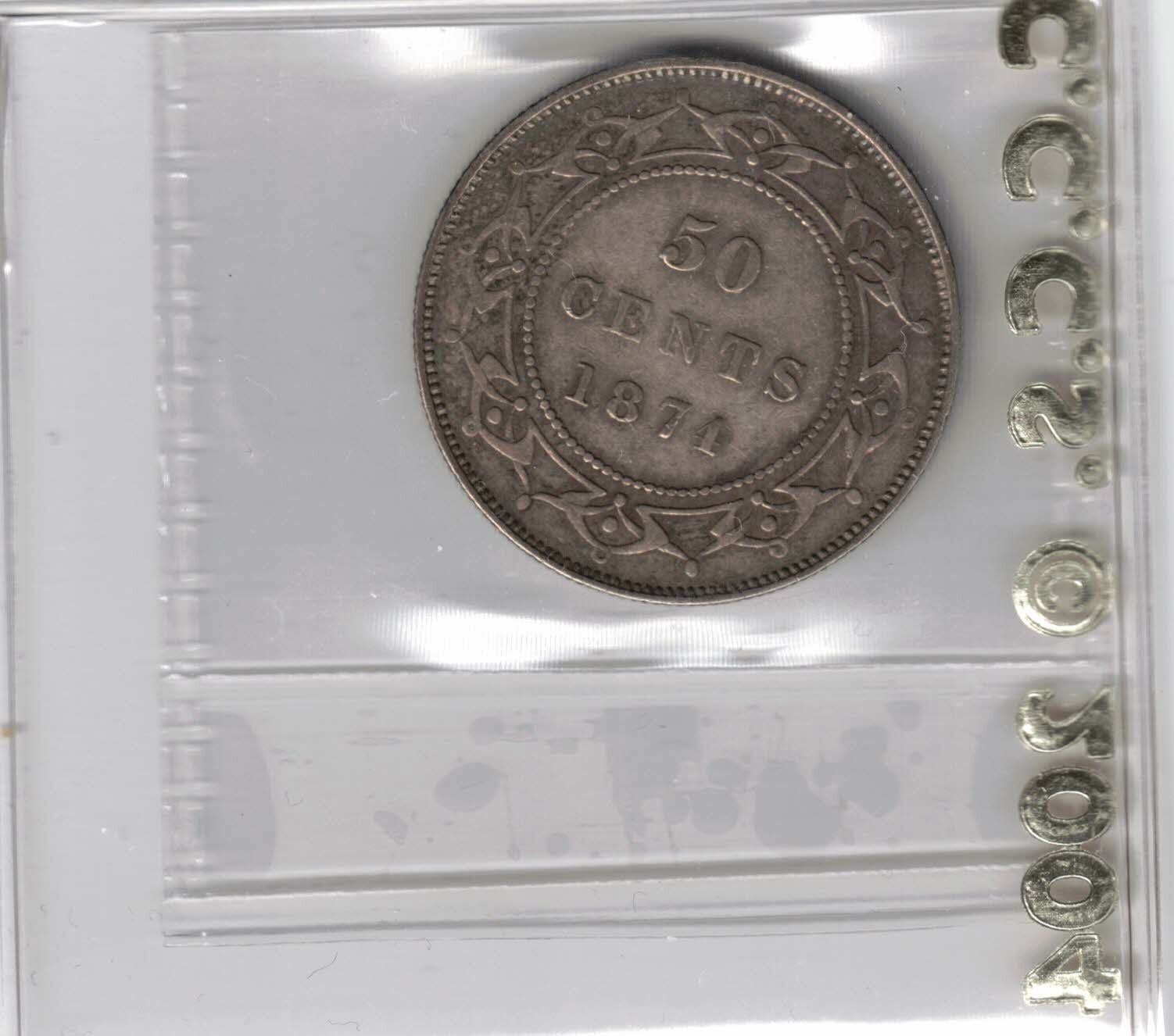Newfoundland 1874 50 Cents Queen Victoria Sterling Silver Coin Graded Cccs Vf-35