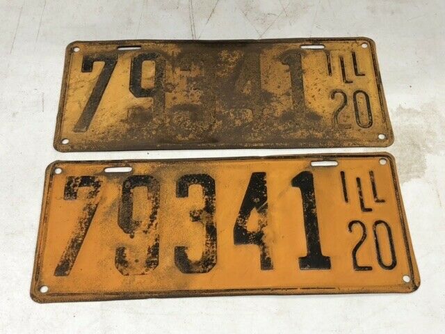 Pair 1920 Illinois Old Vintage License Plate Garage Car Tag Man Cave Wall Decor
