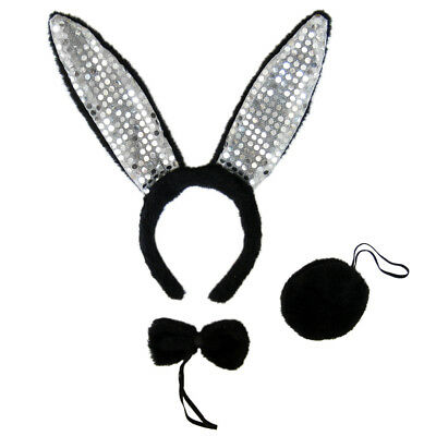 Black Sequin Bunny Ears Tail & Bow Tie Costume Set ~ Halloween Easter Rabbit Kit