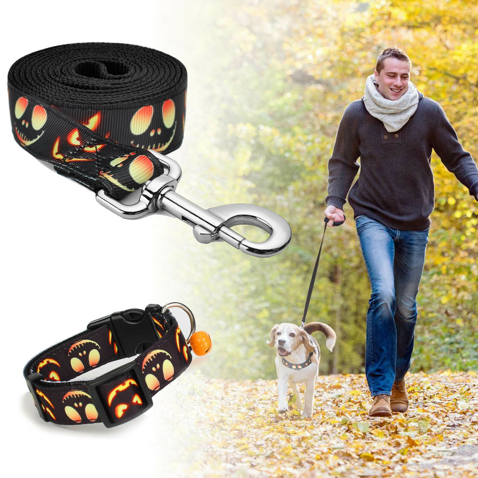Pretty Halloween Theme Dog Walking Lead Collar & Leas Set Wide Nylon Harness Pet
