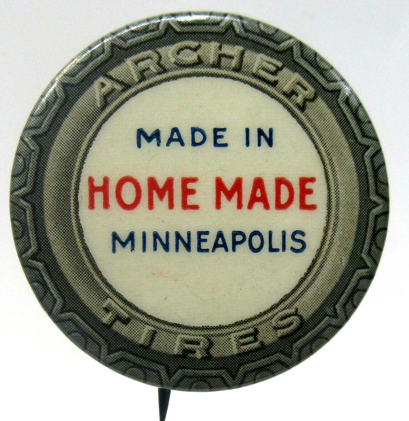 Rare Circa 1915 Archer Tires Home Made Minneapolis Pinback Button W/back Paper^