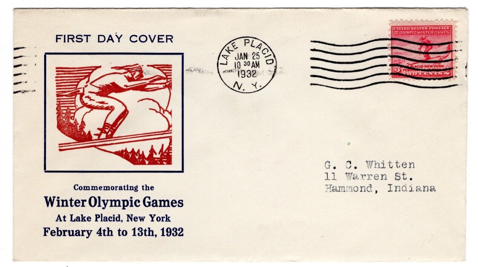 #716 Lake Placid Olympics First Day Cover 1932 -  Planty #13 Hacker