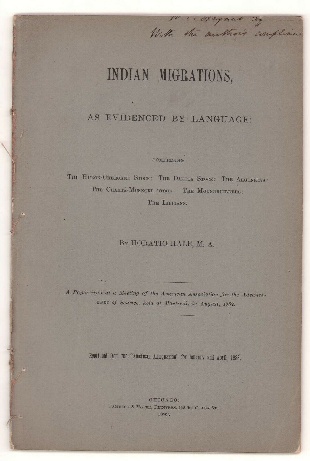 Indian Migrations As Evidenced By Language Offprint Book By Hale, 1883,27 Pp.