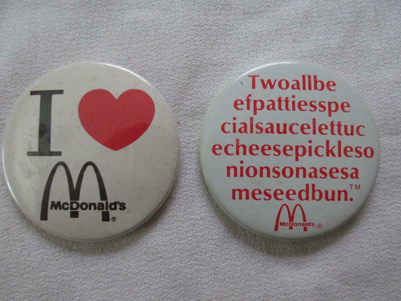 Lot Of 2 Vintage Mcdonalds Pinback Buttons - I Luv Mcdonalds/big Mac Ingredients