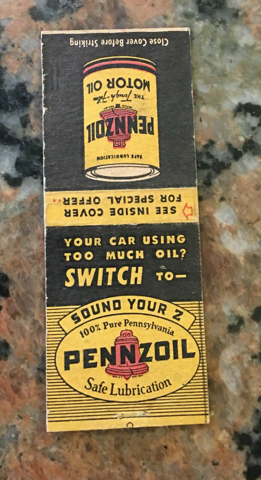 1940s Pennzoil Gas Oil Match Cover