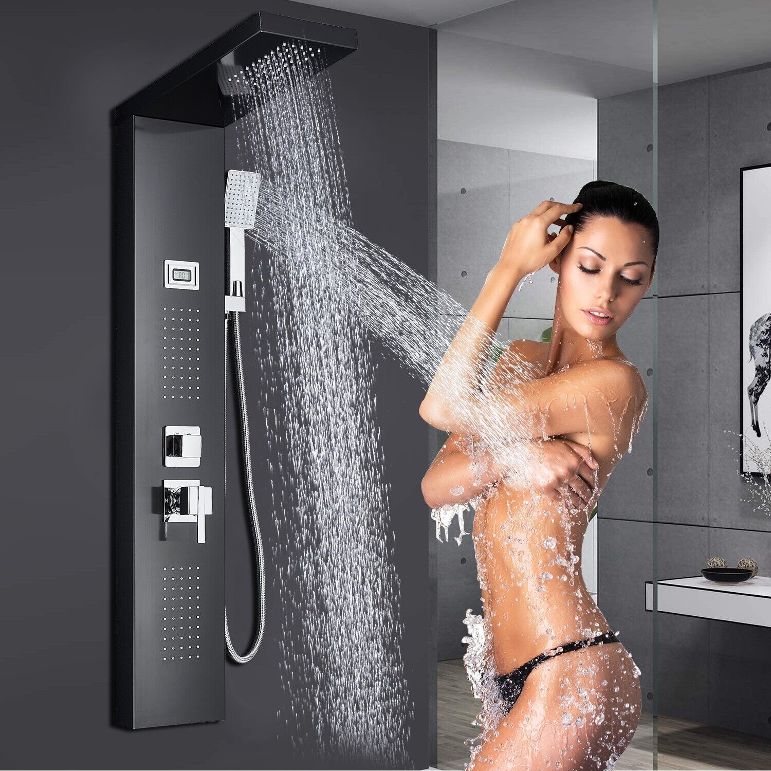 Stainless Steel Shower Panel Tower Rainfall&waterfall Massage Jet Sprayer System