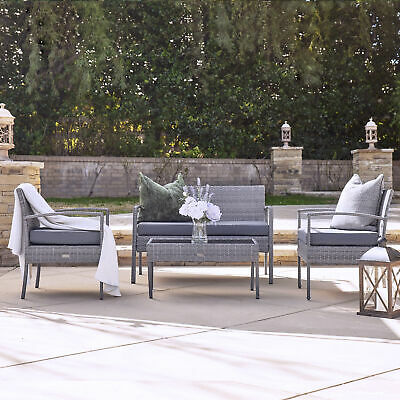 Patio Wicker Furniture Outdoor 4pcs Rattan Sofa Garden Conversation Set, Gray