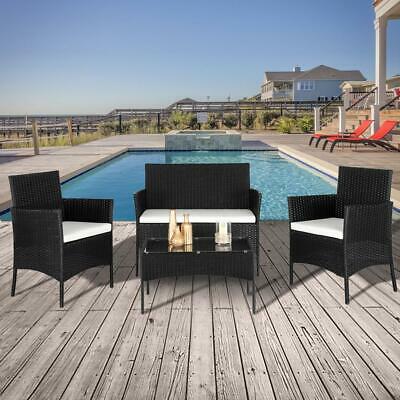 4pcs Outdoor Patio Rattan Black Wicker Table Sofa Furniture Set +/w Cushions
