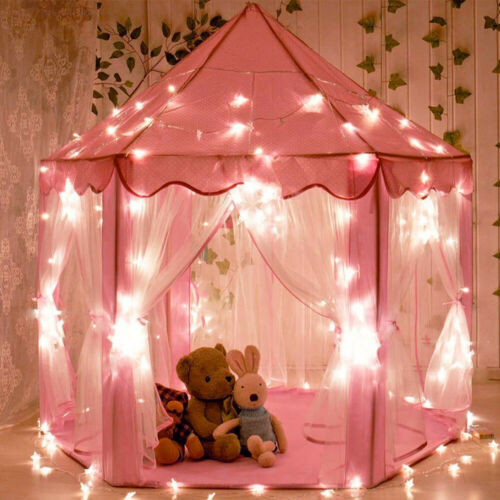 Girls Kids Princess Castle Play Tent Large Playhouse Toy Pink + Rug + Star Light