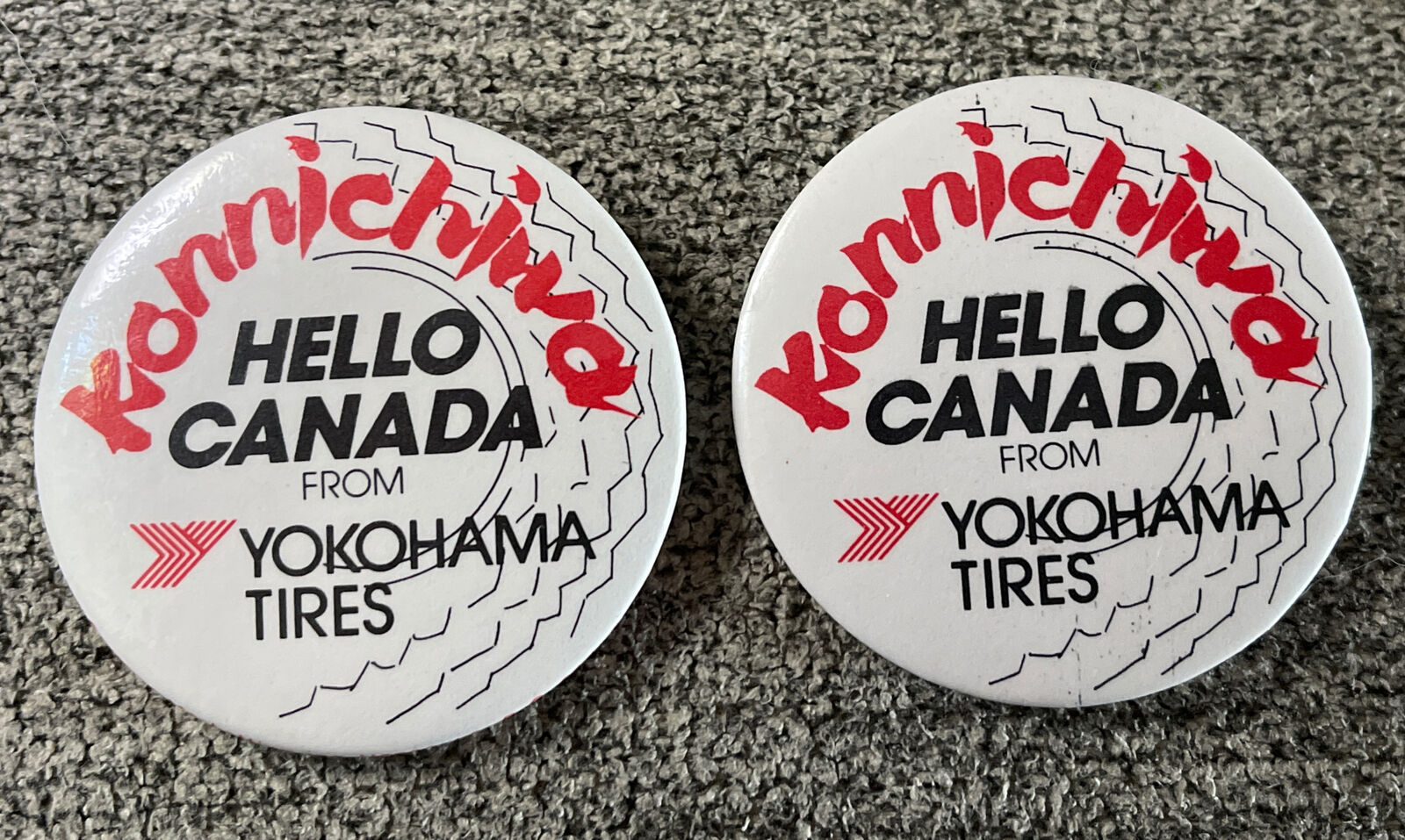 Yokohama Tires Konnichiwa Vintage 1980s Button Pinback 2-1/4 Inch Wide Lot Of 2